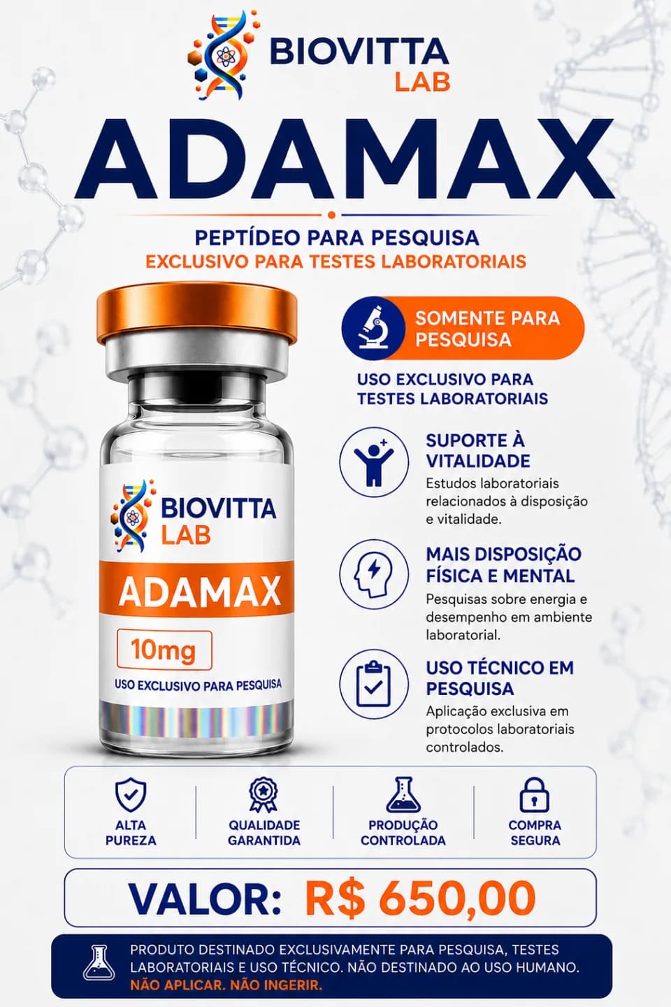 Arte de divulgação de Adamax 10mg, com informações de pesquisa