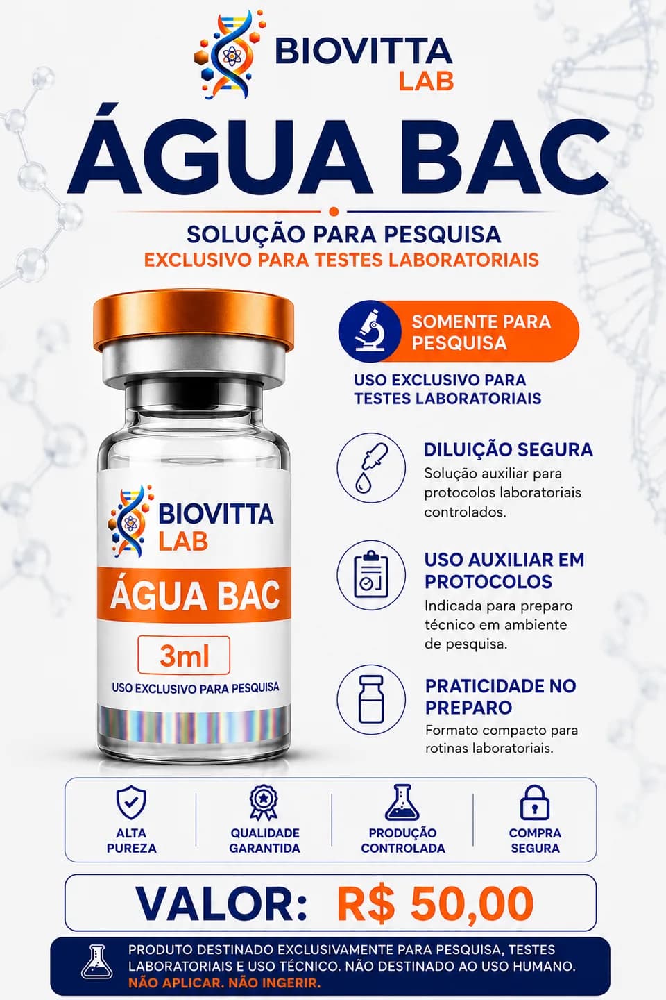 Arte de divulgação de Água Bac 3ml, com informações de pesquisa