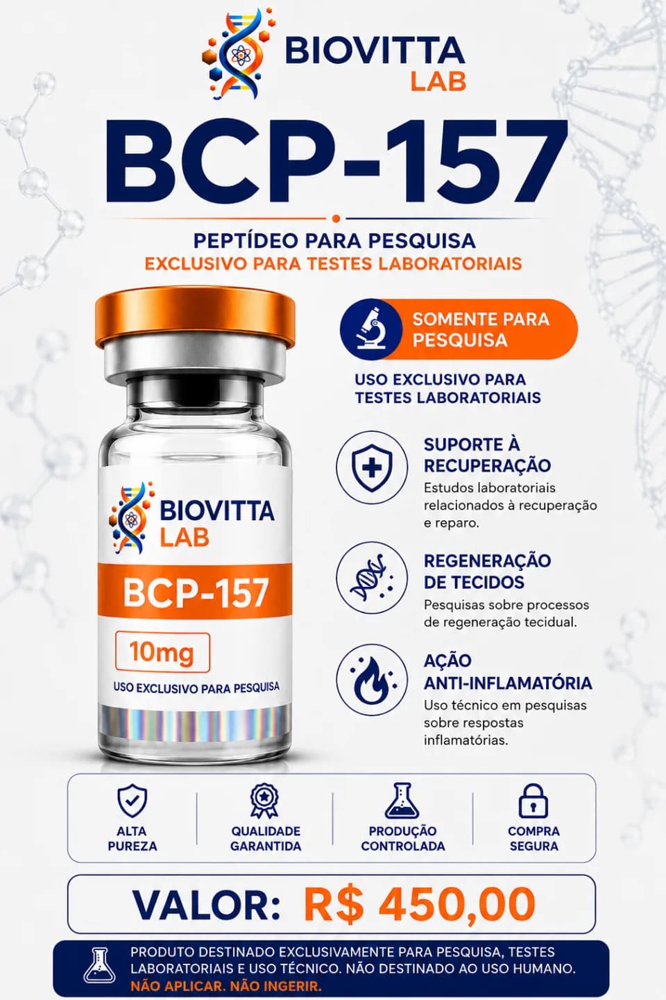 Arte de divulgação de BCP-157 10mg, com informações de pesquisa
