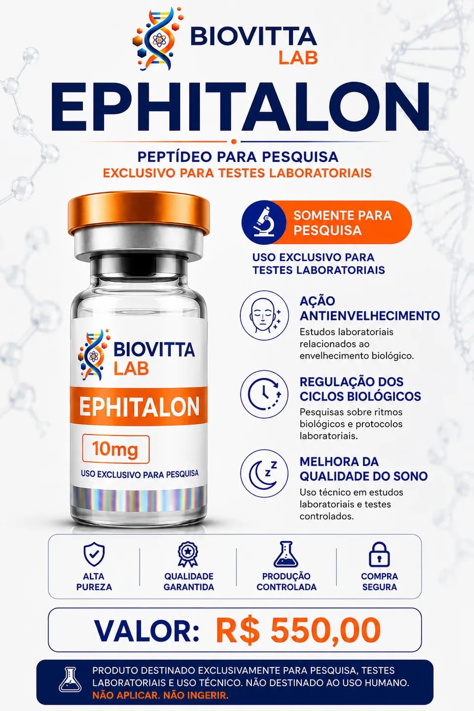 Arte de divulgação de Ephitalon 10mg, com informações de pesquisa