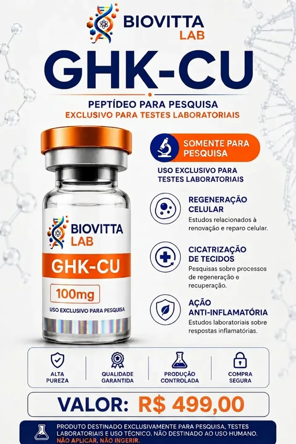 Arte de divulgação de GHK-CU 100mg, com informações de pesquisa