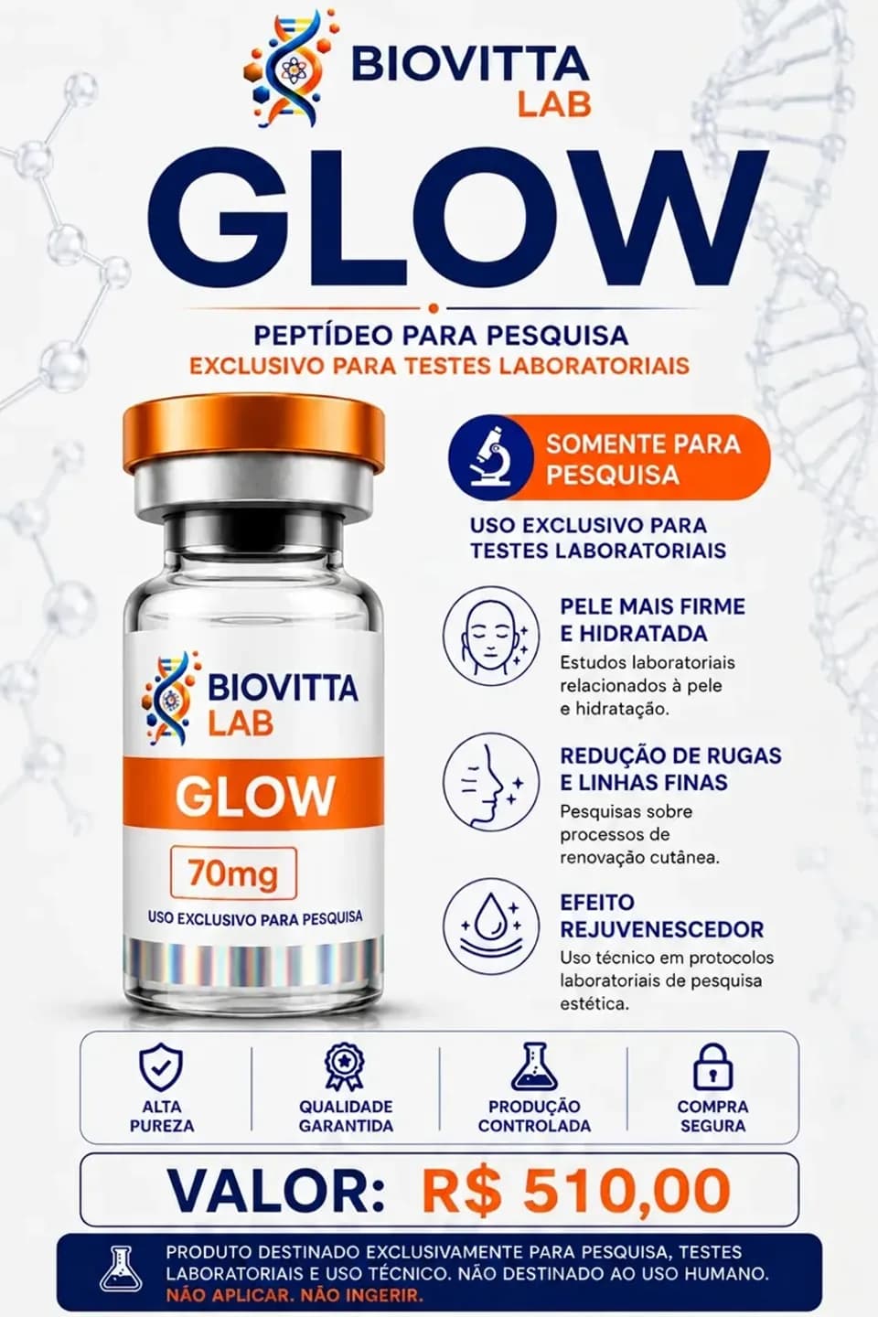 Arte de divulgação de Glow 70mg, com informações de pesquisa