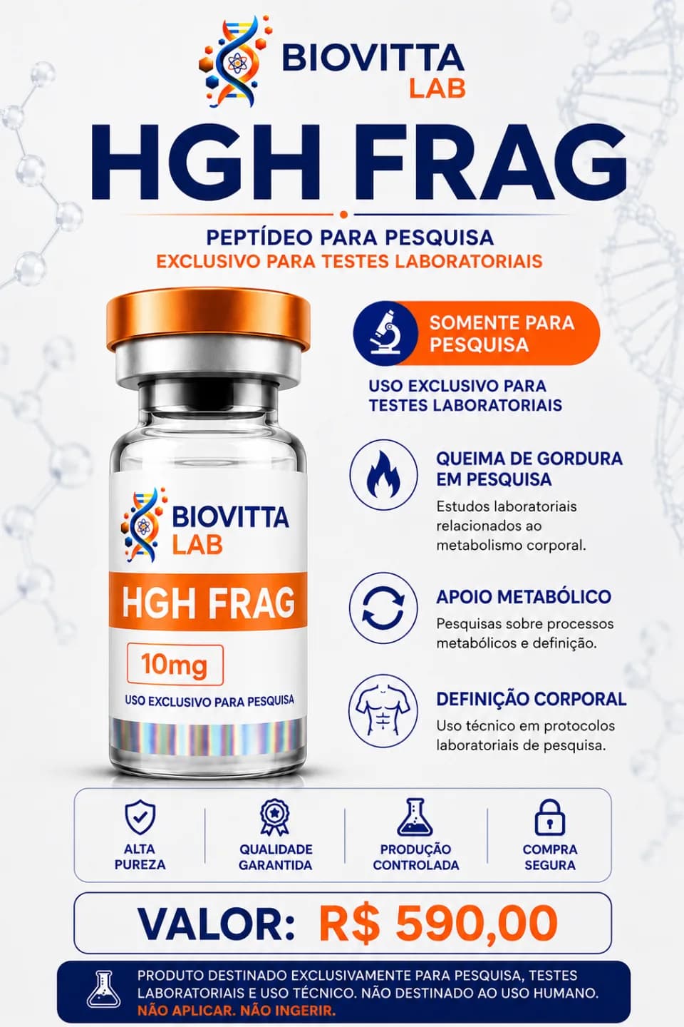 Arte de divulgação de HGH Frag 10mg, com informações de pesquisa
