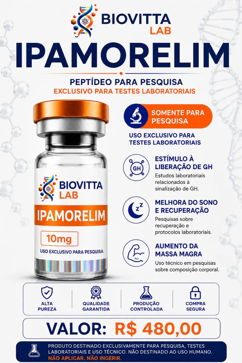Arte de divulgação de Ipamorelim 10mg, com informações de pesquisa