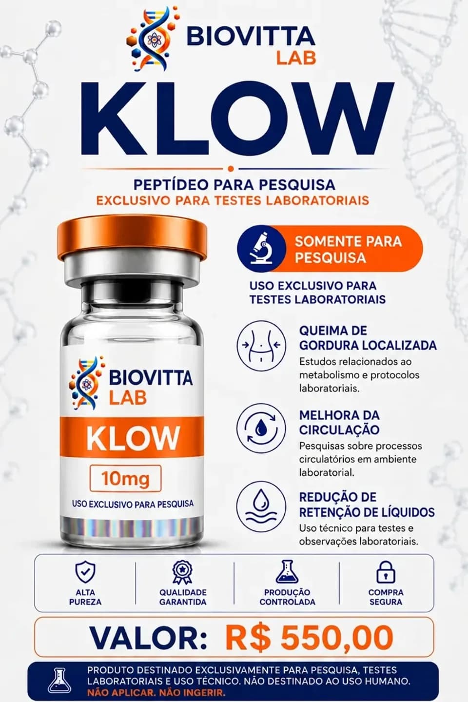 Arte de divulgação de KLOW 10mg, com informações de pesquisa