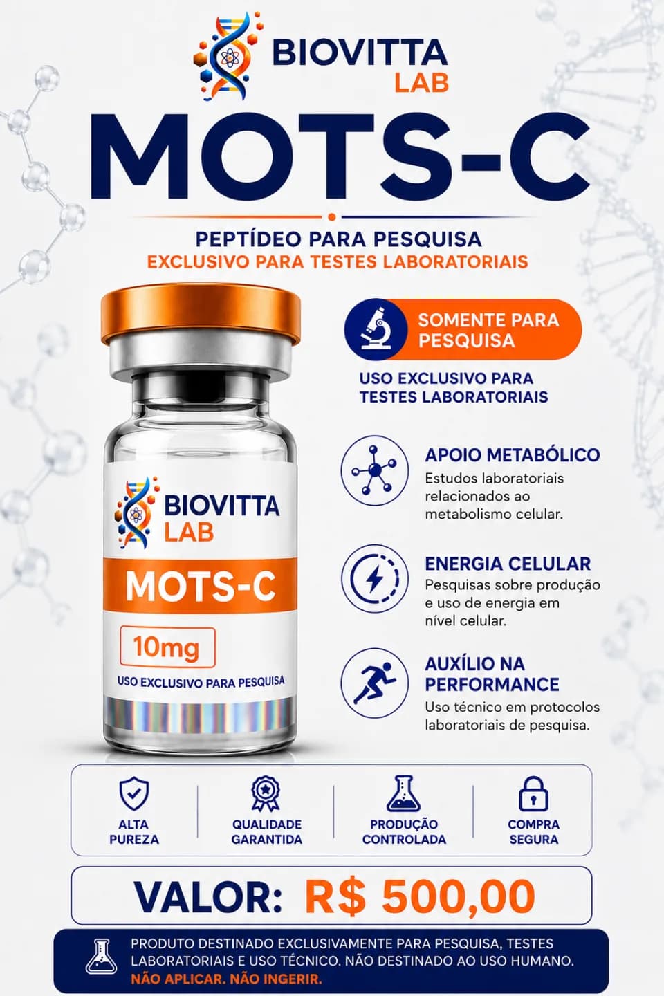 Arte de divulgação de MOTS-c 10mg, com informações de pesquisa