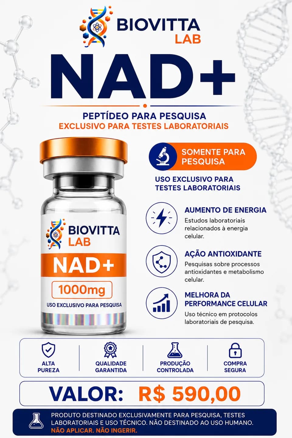 Arte de divulgação de NAD+ 1000mg, com informações de pesquisa