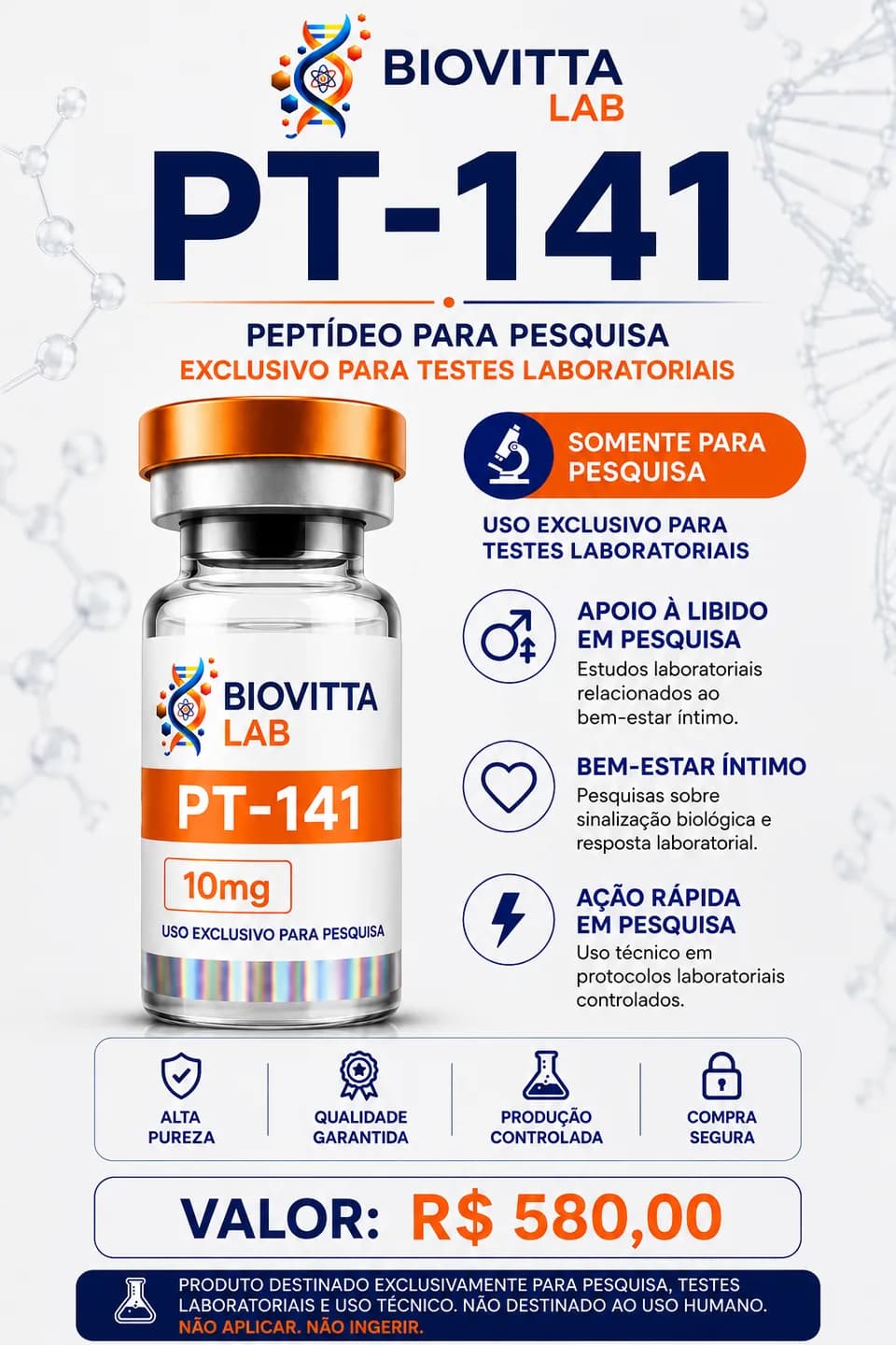 Arte de divulgação de PT-141 10mg, com informações de pesquisa