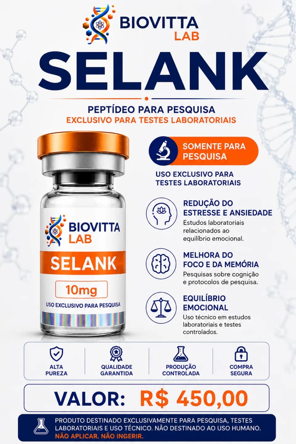 Arte de divulgação de Selank 10mg, com informações de pesquisa