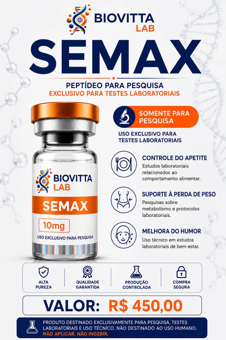 Arte de divulgação de Semax 10mg, com informações de pesquisa