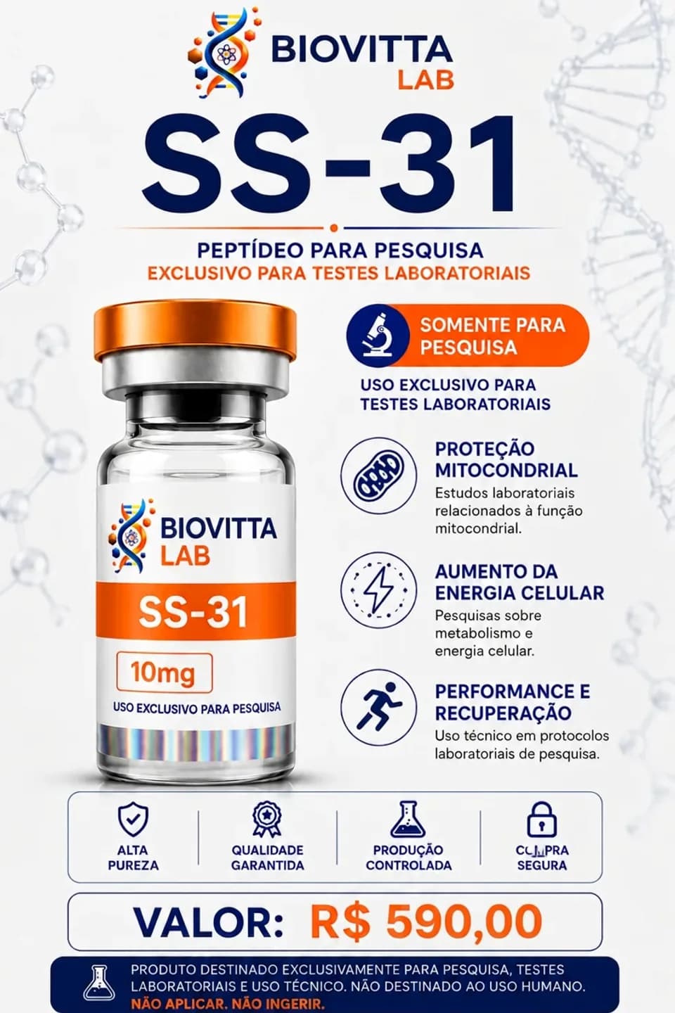 Arte de divulgação de SS-31 10mg, com informações de pesquisa