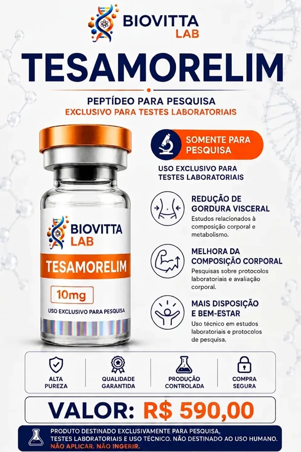 Arte de divulgação de Tesamorelim 10mg, com informações de pesquisa