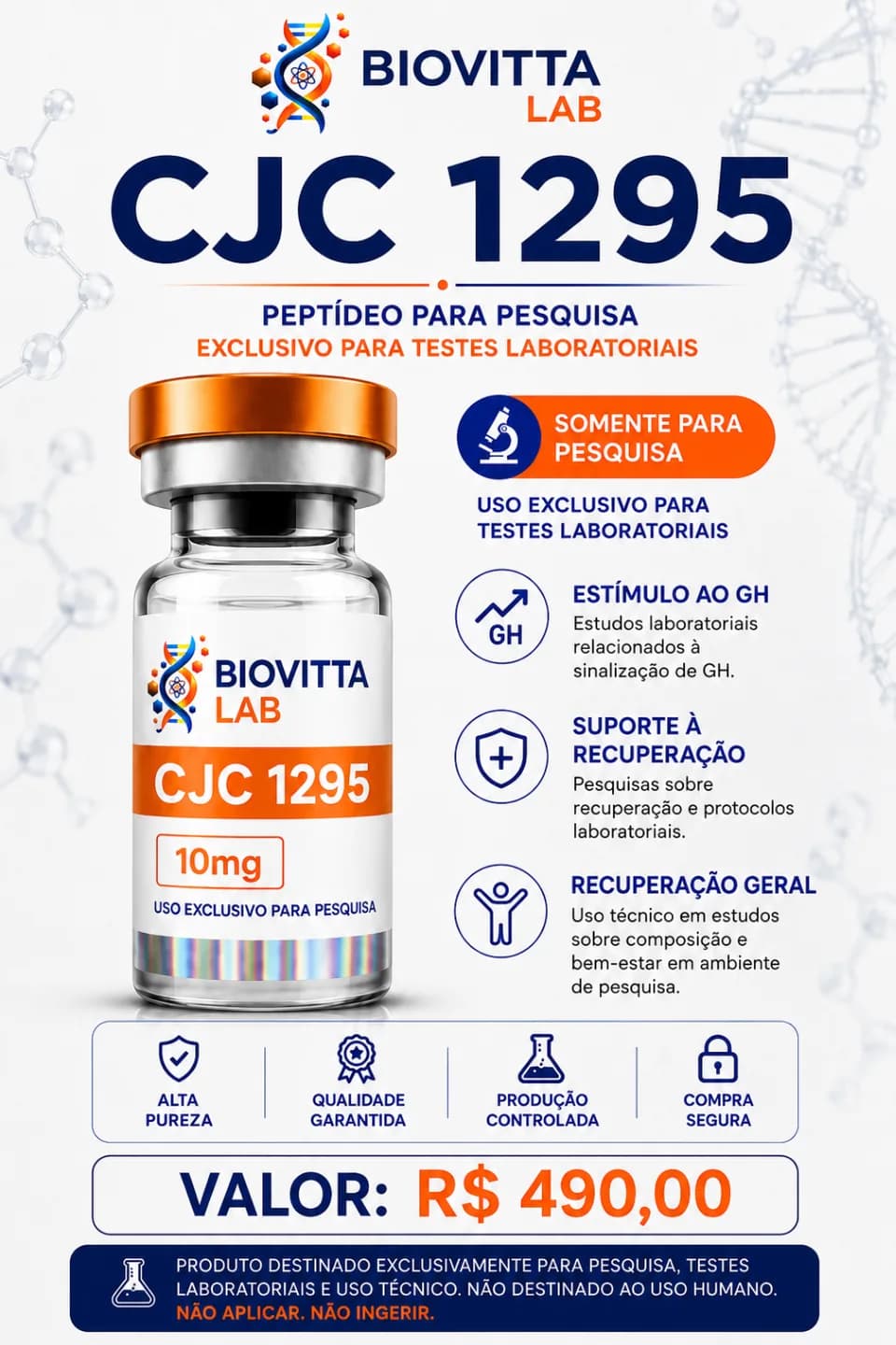 Arte de divulgação de CJC 1295 10mg, com informações de pesquisa